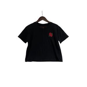 Hollister T-Shirt XS Black/White Cropped Roses Graphic Logo Skater Checkerboard